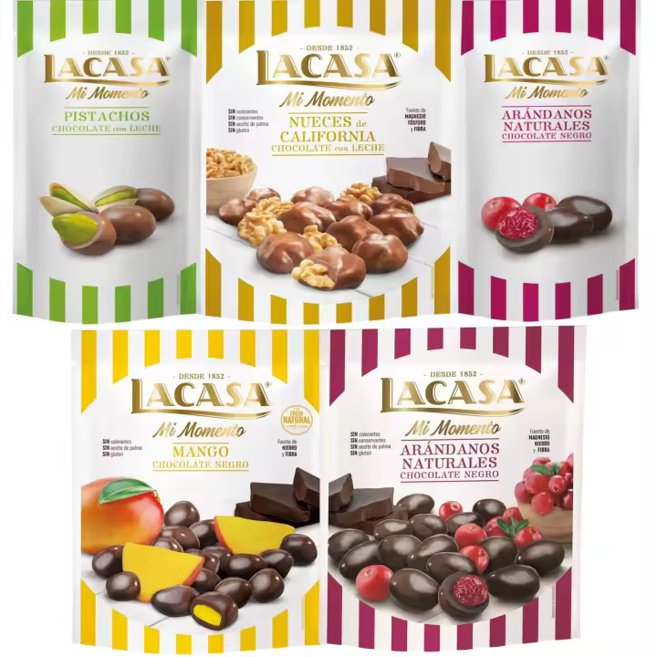 Lacasa Mi Momento pack de 5:Arándano Choco Negro ,Pistacho Choco Leche,Arándano Choco Negro ,Nueces Choco Leche ,Mango Choco Negro - 1