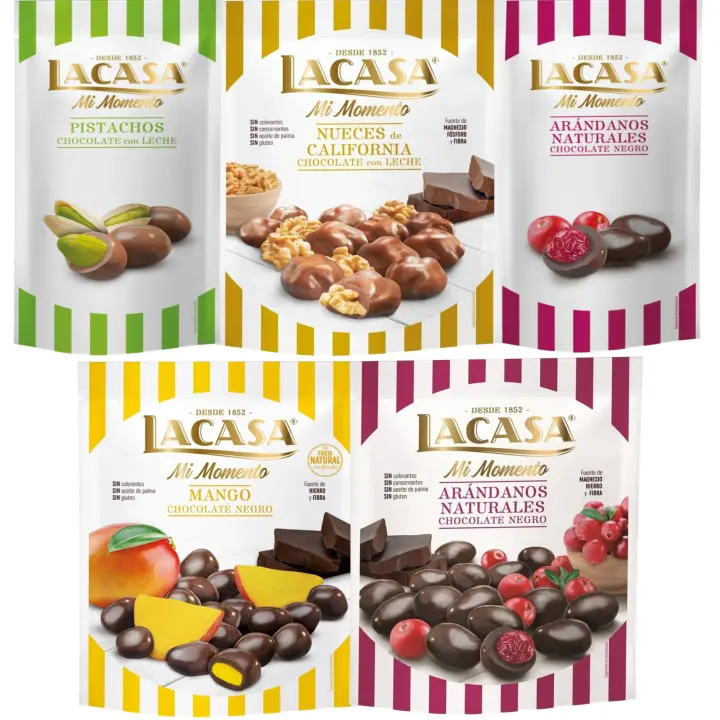 Lacasa Mi Momento pack de 5:Arándano Choco Negro ,Pistacho Choco Leche,Arándano Choco Negro ,Nueces Choco Leche ,Mango Choco Negro - 1