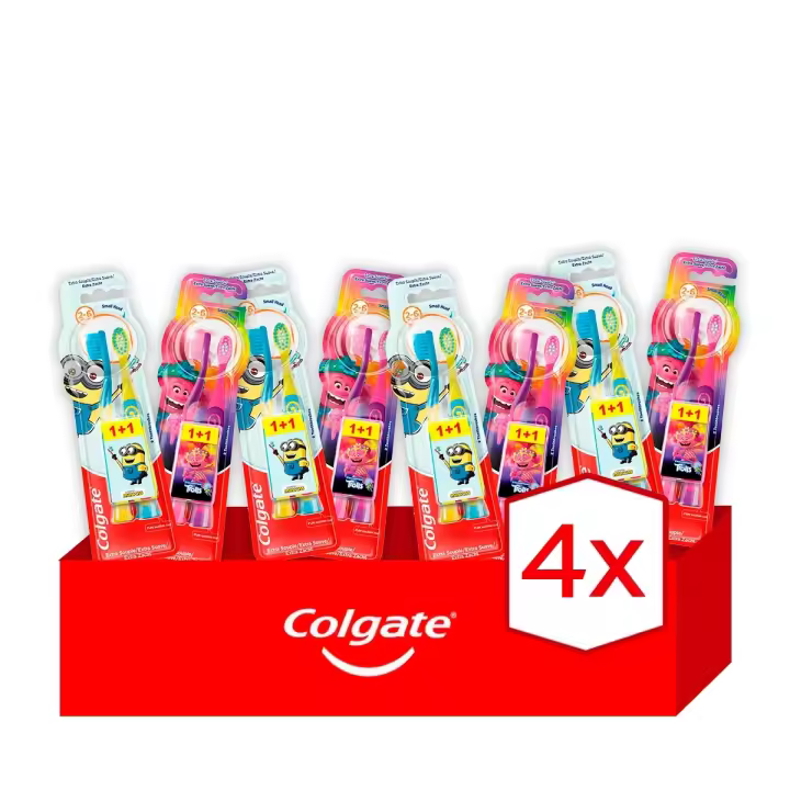 Pack 4 unidades.Cepillo de dientes extra suave Colgate Minions o Trolls para niños 2-6 años, con dientes de leche 1+1 Gratis - 1