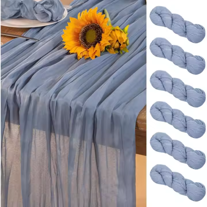 Dusty Blue Cheesecloth Table Runner 6 Pack Summer Sheer Blue Cheese Cloth Table Runners Boho Gauze 120 Inches Summer Table Decorations for Marine Weddings Bridal Baby Shower Birthday Party - 1