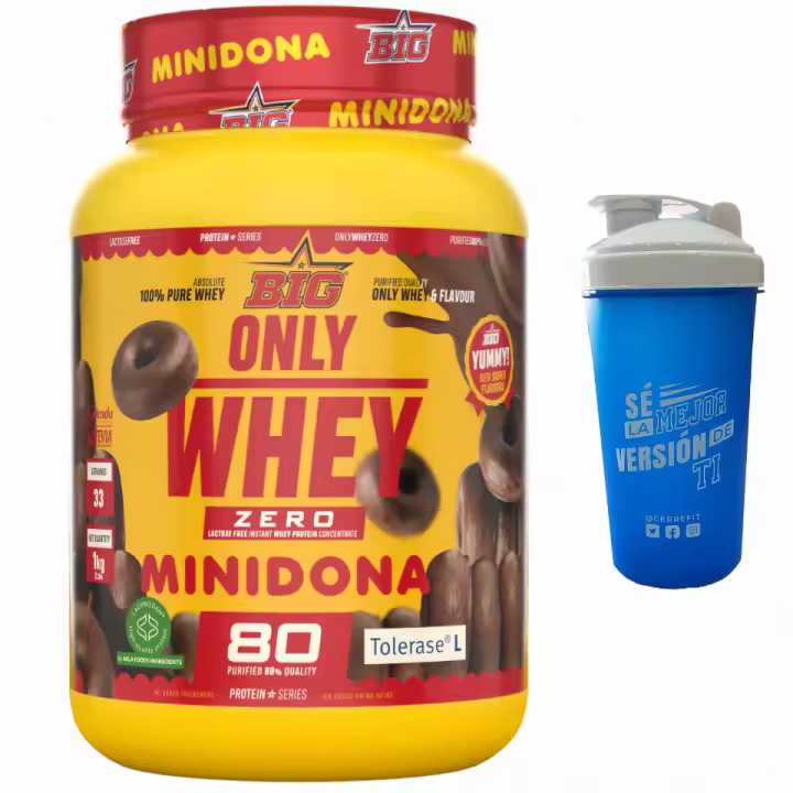 ONLY WHEY (1KG)  Minidona - Big + 1 mezclador de regalo  Baja en lactosa  Baja en grasas  Calidad garantizada  Deliciosa - 1