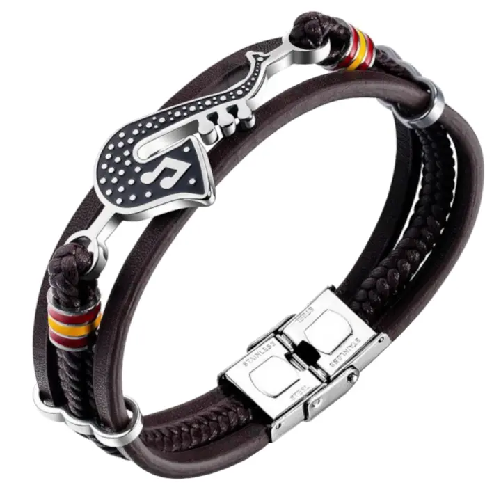 Pulsera de Cuero Saxofón Colores Bandera de España Cierre de Seguridad Acero Inoxidable Ajustable - 1