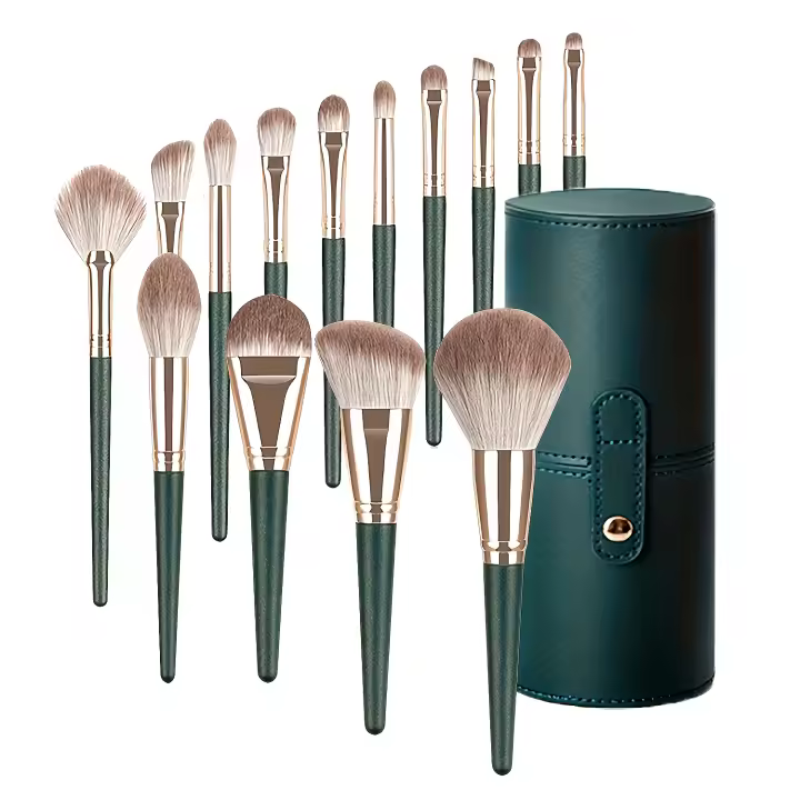 Conjunto de 14 brochas de maquillaje de lujo - Brochas profesionales de felpa verde para detalles completos de rostro y ojos - Ideal para base, contorno y difuminado - 1