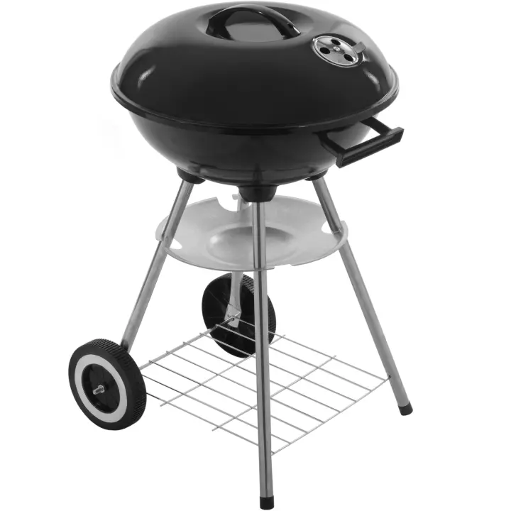 Barbacoa de carbón de 41x70 cm redonda con tapa y ruedas BBQ grill para jardín y camping - PrimeMatik - 1