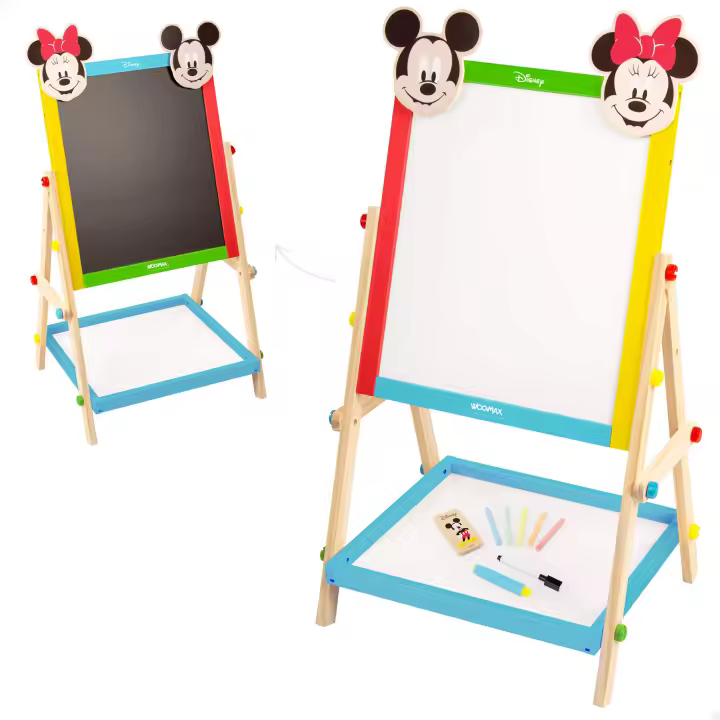 WOOMAX - Pizarra de madera Disney con doble cara para niños, diseño de Minnie y Mickey, mide 37,5x65 cm, incluye tizas, borrador y rotulador, ideal para dibujar y escribir, recomendada a partir de 4 años - 1