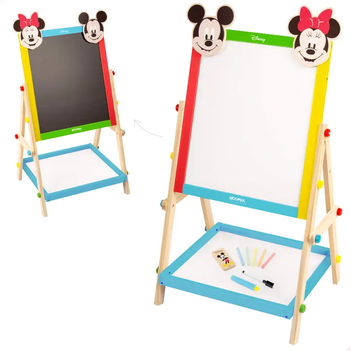 WOOMAX - Pizarra de madera Disney con doble cara para niños, diseño de Minnie y Mickey, mide 37,5x65 cm, incluye tizas, borrador y rotulador, ideal para dibujar y escribir, recomendada a partir de 4 años - 1