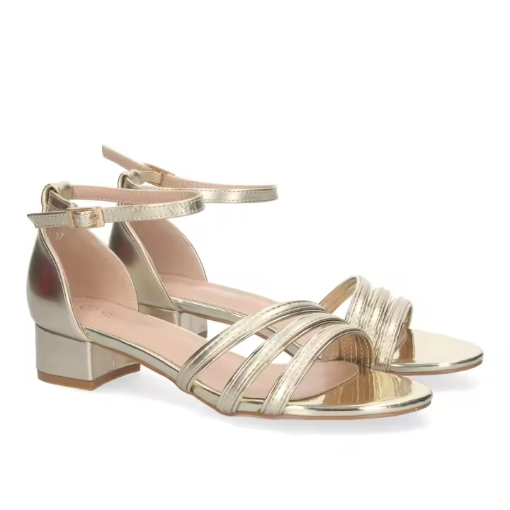 PuntoSalao Sandalias doradas de tacón bajo cómodo para fiesta mujer RG773 - 1