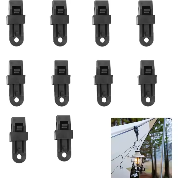 10 clips de lona, clips de plástico de tela de sombra a prueba de viento, abrazaderas de lona reutilizables Abrazaderas de lona de toldo para acampar al aire libre (negro) - 1