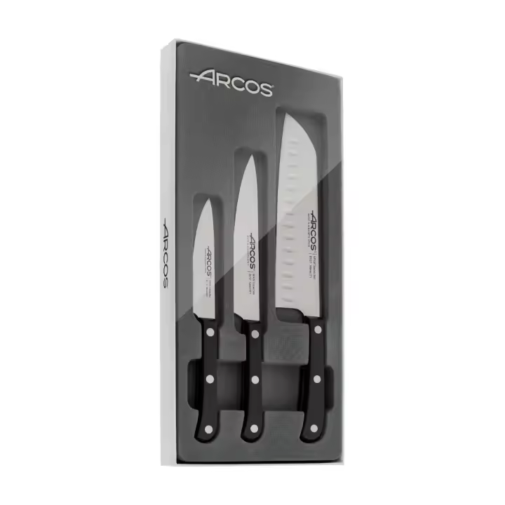 Arcos Serie Europa - Set de Cuchillos de Cocina 3 piezas (Mondador + Cocina + Santoku) - Hoja de Acero Inoxidable NITRUM - Mango de Polioximetileno (POM) - Color Negro - 1