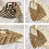 Bolso de hombro tejido de paja para mujerbolso de mano de tamaño mediano con asa para vacaciones en la playaPopular - details 25