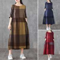 Vestido Midi De Lino Y Algodón ZANZEA Para Mujer Estilo Vintage Cuadros Manga Corta Cuello Redondo Vestidos Casual Verano Con Bolsillos Longitud Hombro a Hombro - details 1