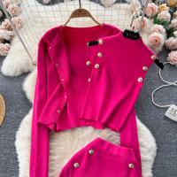 Conjunto De Ropa De Mujer REALEFT Otoño Invierno 3 Piezas Traje De Tejido Knitted Cardigan De Botón Sencillo Y Tops Falda Elegante Para Oficina - details 14
