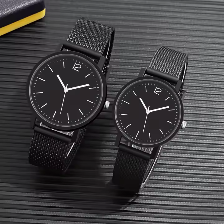 Reloj De Pareja Minimalista Y Moda 2 Piezas Color Negro Reloj Minimalista Ligero Y Lujo Sin Display Material De Correa De Tela - 1