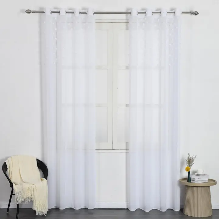 Shoppe house - Cortinas para Salón Dormitorio Translúcido de 140x260cm, Visillo para Ventana con diseño de Pompones Tejido de Gasa Fina 100% Poliéster, Cortina con Ojales - 1