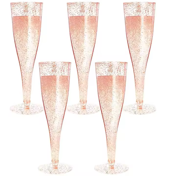 5PCS Creativos Flutes De Champán Plásticos Desechables Con Polvo De Oro Y Pierna Alta Para Bodas Y Fiestas Copas De Vino De Coctel Ecológicas - 1
