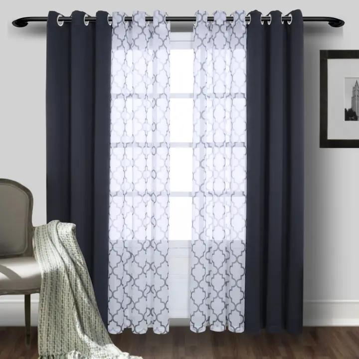 2 PCS Cortinas Morocanas Transparentes Y Cortinas De Bloqueo Para Dormitorio Sala De Estar Grommet Ventana Modernas Poliéster 100% - 1