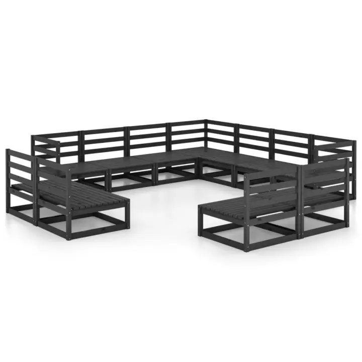 vidaXL Juego de muebles de jardín 11 pzas y cojines negro madera pino - 1