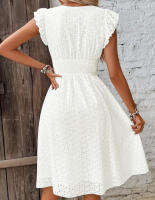 Vestido De Mujer Con Manga De Hoja De Loto Verano Cuello En V Bordado Rompepiés Midi A-Line Para Ocasiones Casuales - details 5
