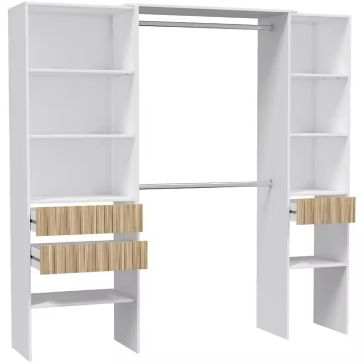 HOGARDECORA  Vestidor Ropero Abierto con 3 cajones, 6 estantes y 2 Barras de Colgar - Acabado Blanco y Madera Natural Vertical veteada Mueble: 187 cm (alto) x 190 cm (ancho) x 40 cm (fondo),Capacidad 2 cajones grandes: 10 cm (alto) x 54 cm (ancho) x 35 cm - 1