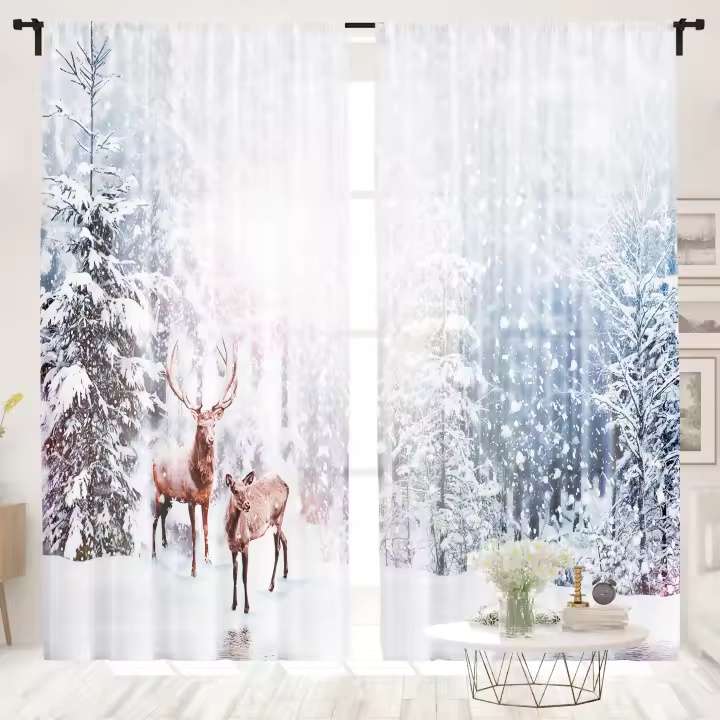 2 Piezas Cortinas De Reindeer En Bosque De Invierno Con Nieve -30% Blackout Adecuadas Para Sala De Estar Dormitorio Cocina Decoración Del Hogar - 1