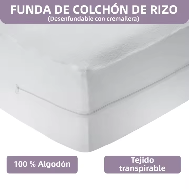 Funda de colchón rizo100% Algodón, Elástica, Transpirable, Tratamiento antialérgico con Cremallera. Ideal para Todas Las Alturas. - 1