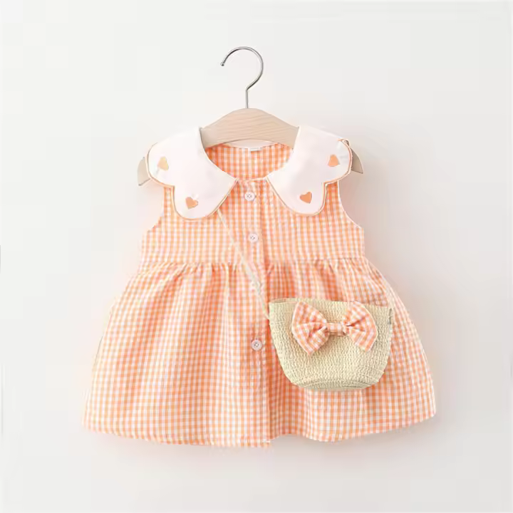 Vestido Y Mochila De Algodón Para Bebé Niña Nueva En Verano Con Cuello De Vuelo Bordados Sin Mangas De Cuaos Casual Largo De Pierna - 1