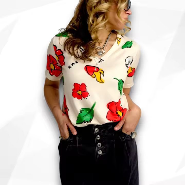 Camiseta Pico Estampado Floral Aire Retro - Flores y Calaveras - 1