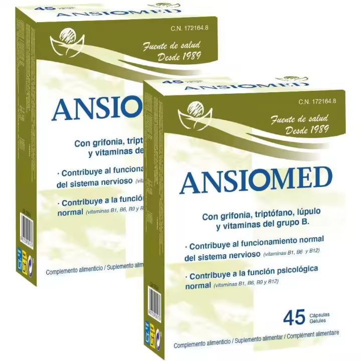Pack Ansiomed 90 cápsulas - Herbetom Bioserum | Complemento alimenticio con griffonia, triptofano (5htp) lúpulo y vitamina b6 - Fabricado en España - 2 Cápsulas al día (2 Pack) - 1