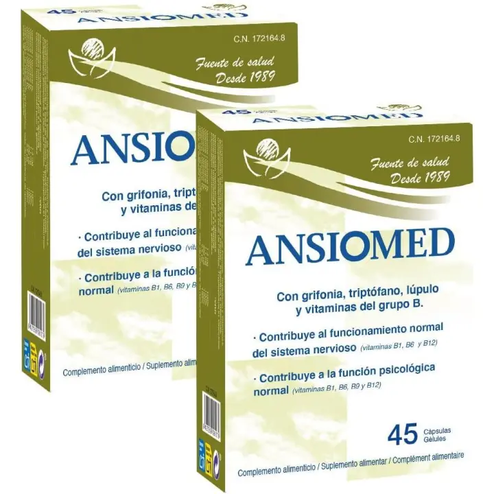 Pack Ansiomed 90 cápsulas - Herbetom Bioserum | Complemento alimenticio con griffonia, triptofano (5htp) lúpulo y vitamina b6 - Fabricado en España - 2 Cápsulas al día (2 Pack) - 1