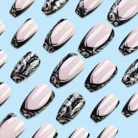 24pcs/set Uñas Postizas Largas Medias Falsas De Cuadrado Ballet Con Flores Y Mariposa Azul Verde Para La Temporada De Primavera Y Verano - details 1