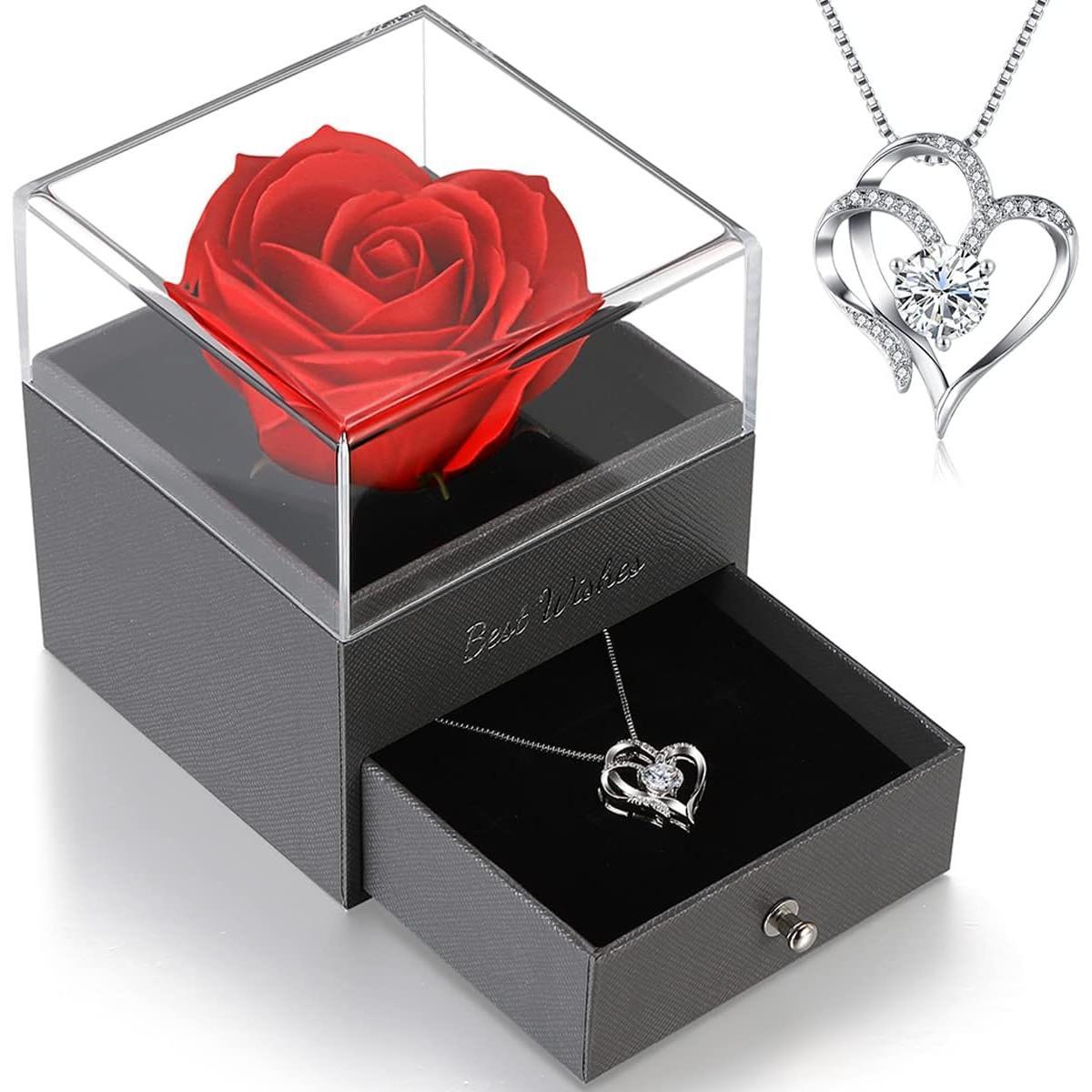 Collar de Corazón en caja con rosa roja preservada, regalo ideal para San Valentín, Cumpleaños, etc.