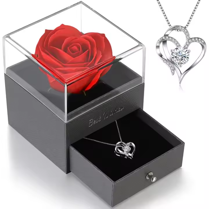 Collar de Corazón en caja con rosa roja preservada, regalo ideal para San Valentín, Cumpleaños, etc. - 1