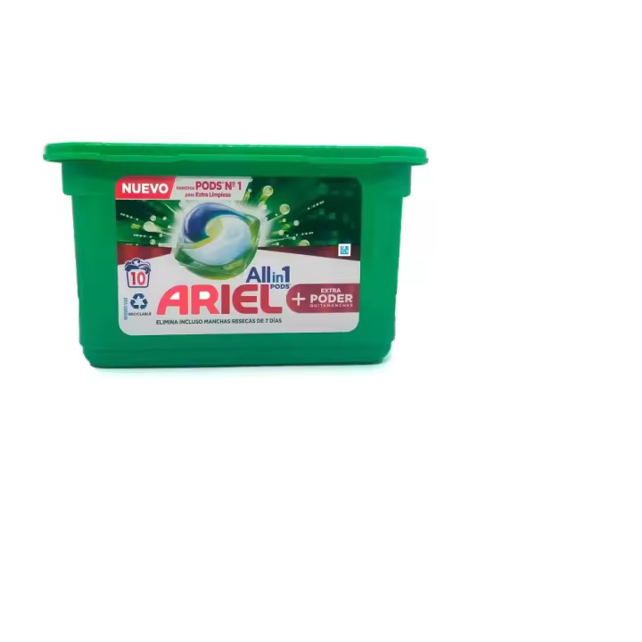 ARIEL Detergente all in 1 + extra power quitamanchas, extra limpieza, 10 cápsulas, soluble incluso en agua fría - 1