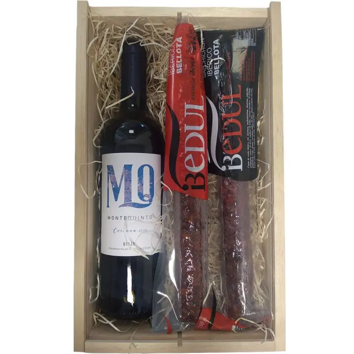 Estuche de madera para productos gourmet salchichón y chorizo ibéricos de bellota y vino de Rioja Montequinto Crianza. - 1