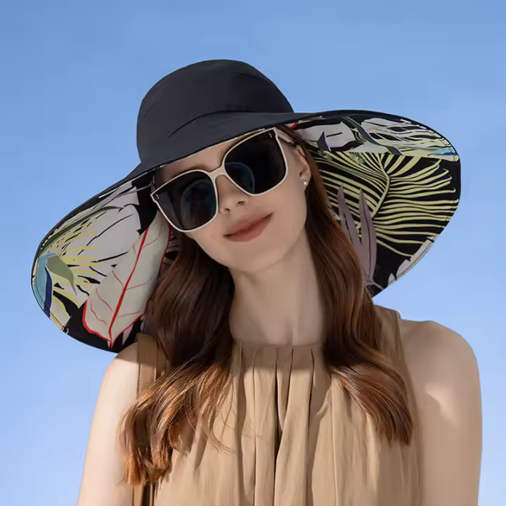 Sombrero De Pescador Bicolor De Algodón 100% Para Mujer Protección Solar Amplio Sombrero De Verano Casual Floral - 1