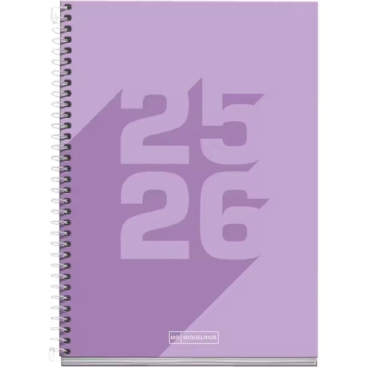 Miquelrius MR26872 Agenda Escolar 25-26, Planificador 10 Meses: Septiembre 2025 a Junio 2026, Tamaño 150 x 213 mm, Día Página, Cubierta de Cartón Forrado, Espiral metálico, Español-Inglés malva - 1