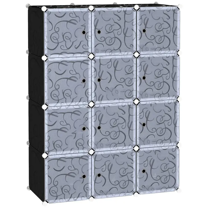 HOMCOM Armario Modular Plástico Estantería 12 Cubos con Puertas para Almacenamiento de Ropa Armario Ropero Organizador para Almacenamiento Juguetes y Libros Montaje en Bricolaje 111x47x145cm - 1