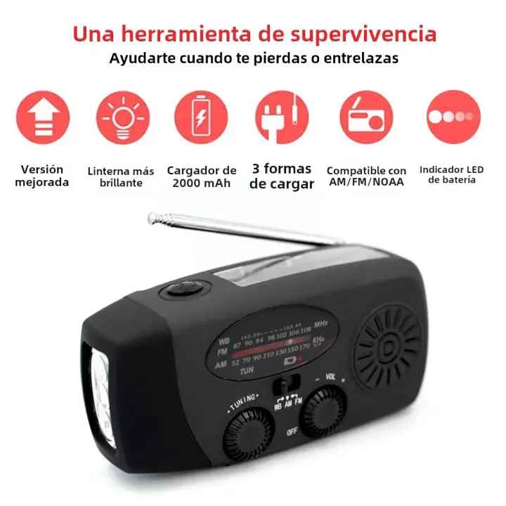 Radio De Emergencia Portátil Con Solar Y Manivela De Manivela 10000mAh Con LED Y Cargador USB Luz De Mano Recargable Para Clima NOAA AM FM - 1