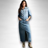 Falda Denim Anabel Lee Mujer | Midi Tiro Medio Recta Lentejuelas Parches | Edición Limitada "Todo Me Sale de Aquí" - details 2