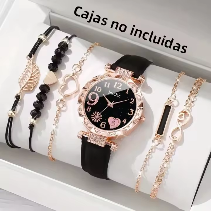 Set De 6 Relojes Para Mujer Moda Con Dial De Corazón De Rhinestone Y Pulsera De Cuero Cuarzo Reloj De Hoja Sin Caja - 1
