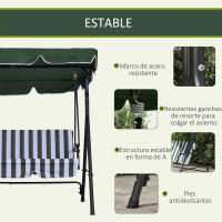 Outsunny Columpio de Jardín de 3 Plazas Balancín Exterior con Techo Ajustable y Marco de Acero para Balcón Terraza Patio Carga 200 kg 172x110x153 cm Verde - details 4