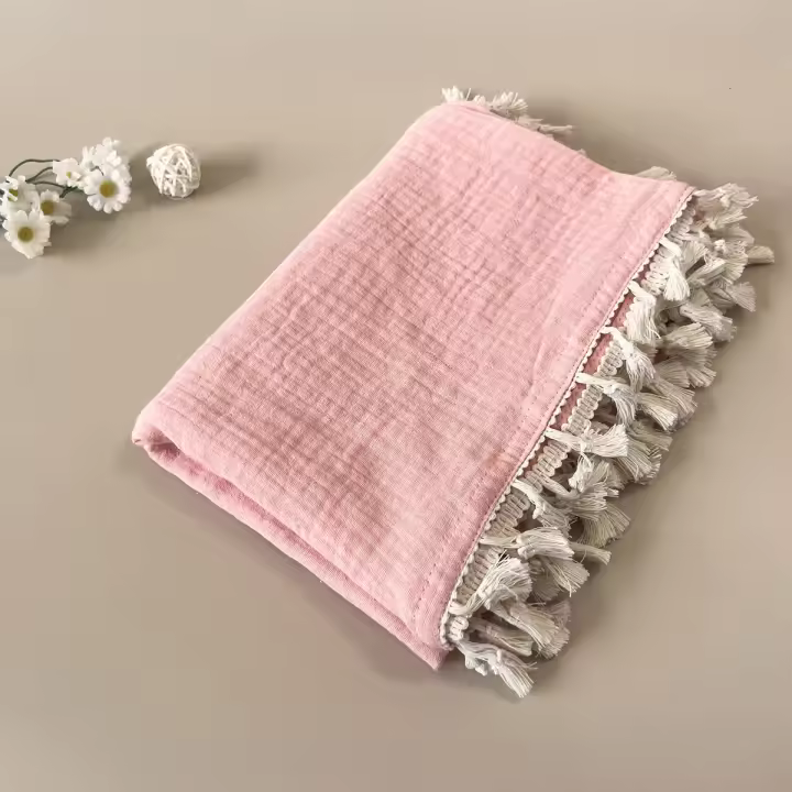 Manta de gasa de algodón para bebé, manta de crepé de muselina de algodón puro, manta para bebé con borlas para niños - 1
