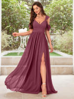 Vestido De Noche Elegante Para Mujer Unithorse Con Hombros Finos Manga Corta Cintura Ajustada Y Abertura En El Lado Chiffón Formal Para Damas De Honor - details 4