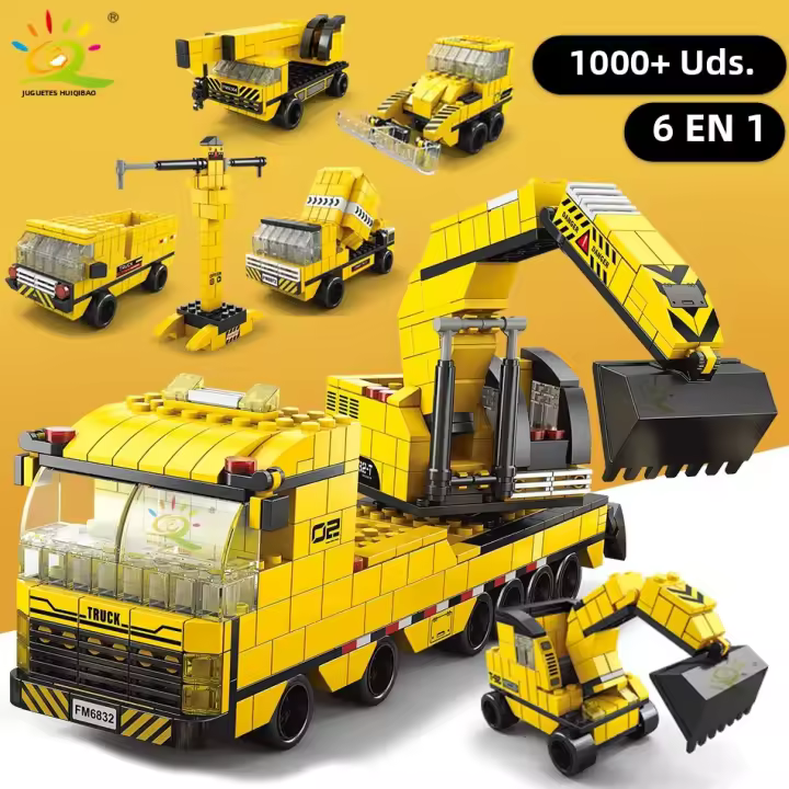 HUIQIBAO 1000pcs Juego De Bloques De Construcción Para Niños Camión Grúa De 6 En 1 Bulldozer Coche De Construcción De La Ciudad Bloques De Ingeniería Para Niños - 1