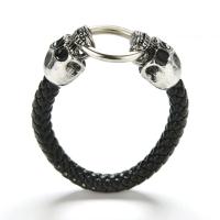 Pulsera Calaveras de Piel Trenzada y Acero Inoxidable Cierre Anillo Doble Calavera - details 0