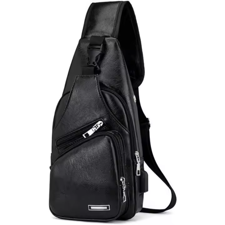 Bolso bandolera antirrobo para el pecho, mochila de piel sintética para hombre con cable USB, mochila vintage cruzada para senderismo informal al aire libre. - 1