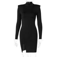 Vestido Mini De Manga Larga Para Mujer En Color Negro Sólido Estilo Bodycon Ajustado Para Primavera/Otoño Ropa De Calle - details 12