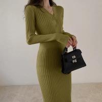 Vestido Bodycon Elegante Para Mujer Con Botones Y Cuello En V De Terciopelo Suave Manga Larga Estilo Oficina Otoño Invierno - details 27
