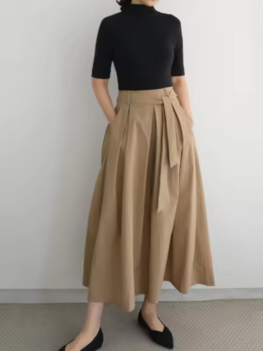 Falda Midi A-Line Elegante De Cintura Alta Para Mujer REALEFT Con Bolsillos Estilo Coreano Casual Suelta Y Solidaria Con Cinturón - 1