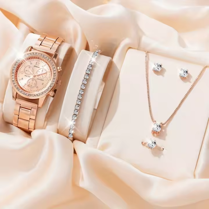 Set De 6 Piezas Reloj De Lujo Para Mujer Con Anillo Collar Y Pendientes De Strass Moda Casual Reloj De Pulsera Para Damas - 1